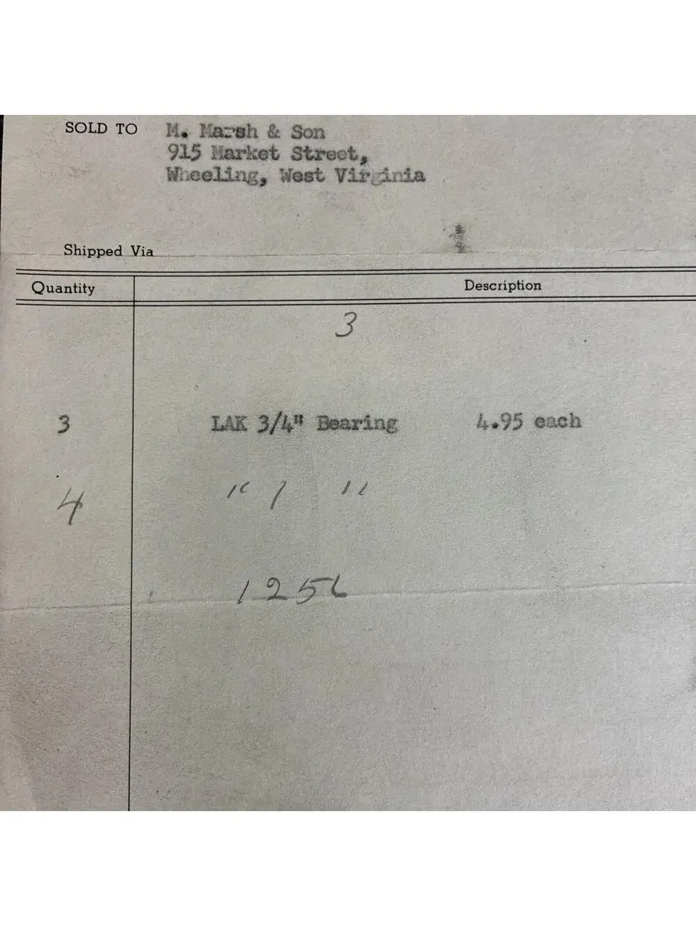 1950 Keener Supply Co Wheeling WV Invoice to M Marsh Cigar Co Bearing Purchase